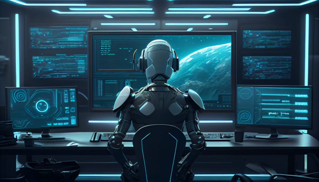 How to Use Free Proxies - Robot sitting in front of a futuristic computer.