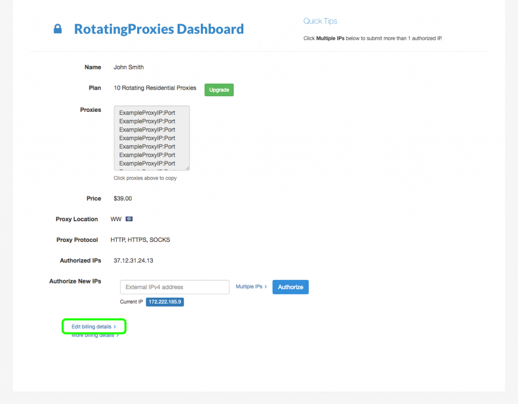 Edit billing details on dashboard